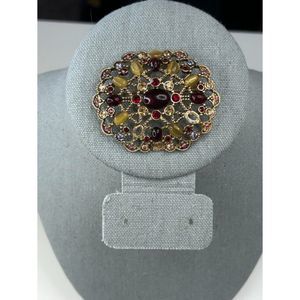 Vintage Monet Brooch Red Yellow Gold Tone